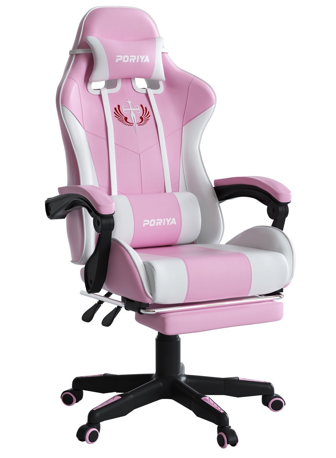 PORIYA Ergonomic Gaming Chair with Footrest, Adjustable Executive Office Chair, 90–145° Recline, Height Adjustable Racing Chair, PVC Leather, 150kg Capacity (Pink&White )